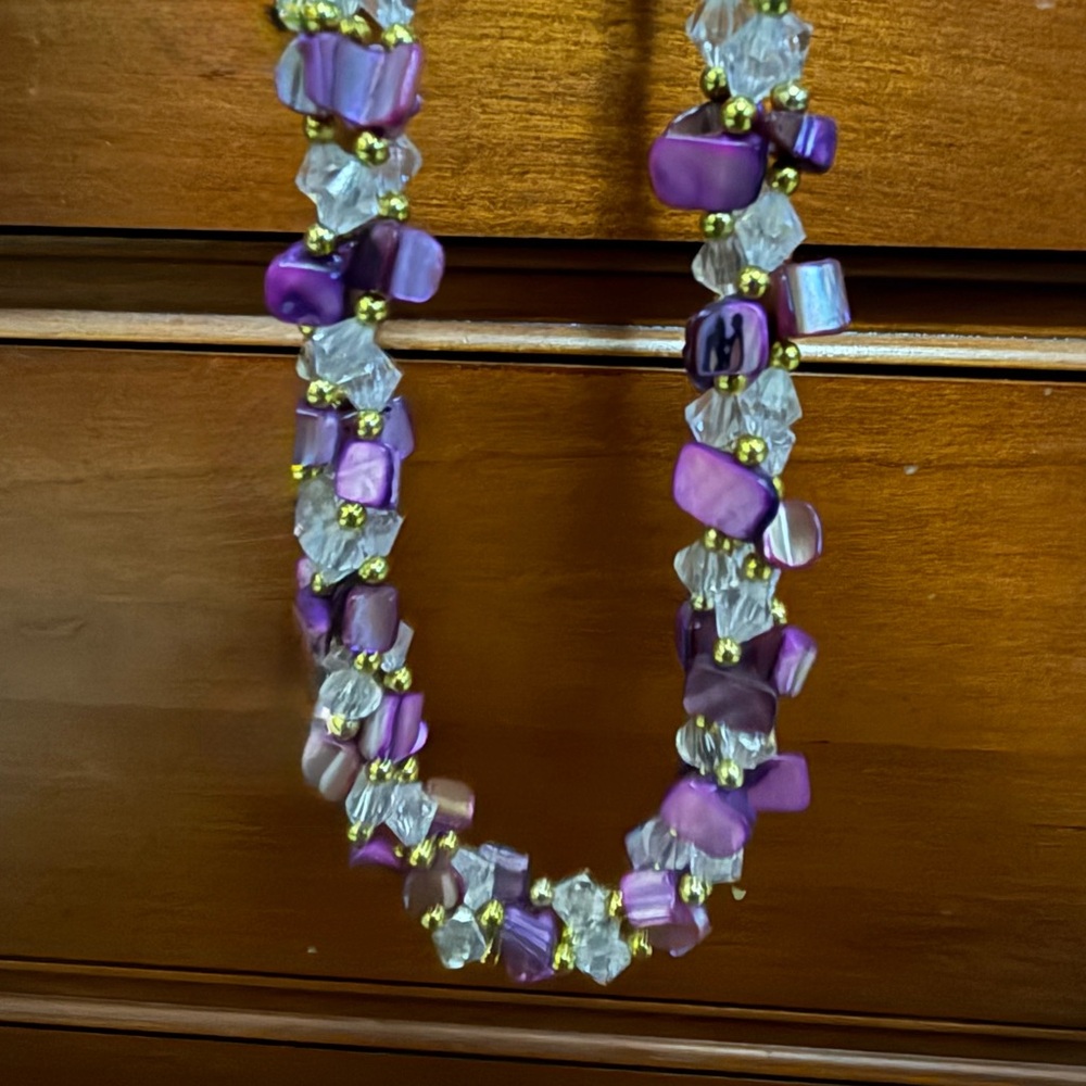 Purple Shell Chip & Faceted Glass Bead Necklace - Women